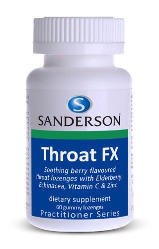 SANDERSON Throat FX 60 Lozenges Sanderson Throat FX is a soothing gummy lozenge with a delicious berry flavour designed to be sucked or chewed. The formula combines extracts of Elderberry and Echinacea with Vitamin C and Zinc to support the immune system at times of seasonal illness.