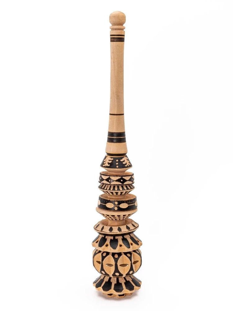 Traditional Molinillo – Ceremonial Cacao Whisk Made with sustainable Alder tree wood and naturally darkened and decorated by the frictional rubbing of pine wood. This artisanal wooden molinillo stirrer is made with love and care by our Mexican family friends following five generations of practice and knowledge.  Heat resistant, dishwasher safe, non-toxic, 100% natural. Not painted.