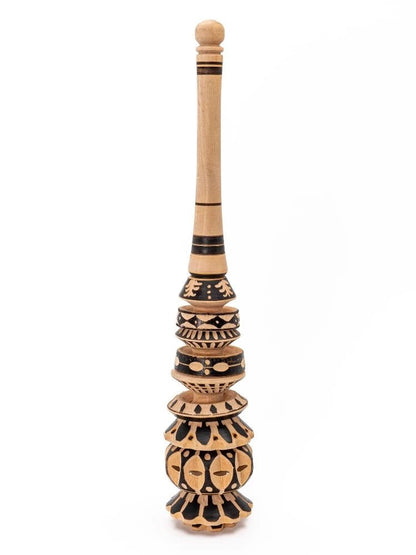 Traditional Molinillo – Ceremonial Cacao Whisk Made with sustainable Alder tree wood and naturally darkened and decorated by the frictional rubbing of pine wood. This artisanal wooden molinillo stirrer is made with love and care by our Mexican family friends following five generations of practice and knowledge.  Heat resistant, dishwasher safe, non-toxic, 100% natural. Not painted.