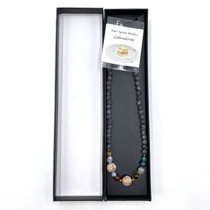 Solar System Necklace Matte Dark Labradorite Labradorite is a stone of magic, awakening within your mystical and magical abilities and psychic powers. A stone of transformation, labradorite is a useful companion through change, imparting strength and perseverance. It is said to balance and protect the aura, as well as being an excellent stone for general protection.   Size of bead 0.6cm  SKU: SN10