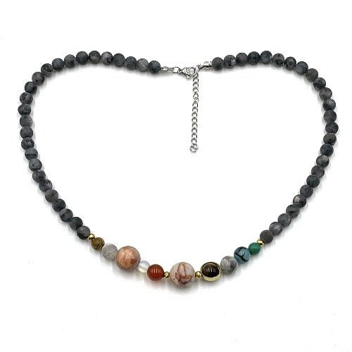Solar System Necklace Matte Dark Labradorite Labradorite is a stone of magic, awakening within your mystical and magical abilities and psychic powers. A stone of transformation, labradorite is a useful companion through change, imparting strength and perseverance. It is said to balance and protect the aura, as well as being an excellent stone for general protection.   Size of bead 0.6cm  SKU: SN10