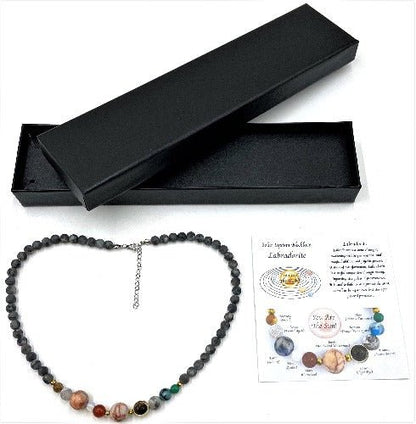 Solar System Necklace Matte Dark Labradorite Labradorite is a stone of magic, awakening within your mystical and magical abilities and psychic powers. A stone of transformation, labradorite is a useful companion through change, imparting strength and perseverance. It is said to balance and protect the aura, as well as being an excellent stone for general protection.   Size of bead 0.6cm  SKU: SN10