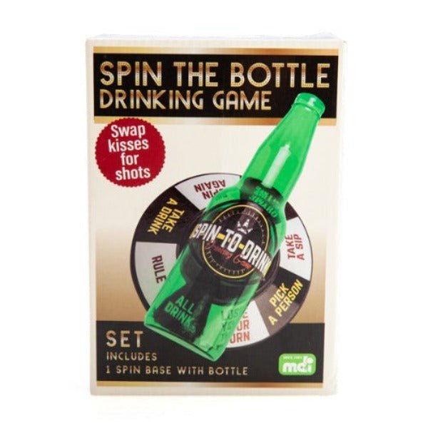 Packaging for the Spin the Bottle Drinking Game, featuring a green bottle with game instructions and a round game board.
