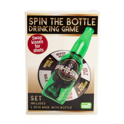 Packaging for the Spin the Bottle Drinking Game, featuring a green bottle with game instructions and a round game board.