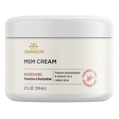 SWANSON MSM Cream 59ml 1st Stop, Marshall's Health Shop!  What is MSM cream?  Give your skin a radiant glow with the topical nutrition of Swanson MSM Cream. Methylsulfonylmethane (MSM) serves as a highly absorbable source of organic sulfur, which the body needs in order to form the bonds that hold tissues together, making it important for healthy cartilage, ligaments, tendons, skin, hair, and nails.